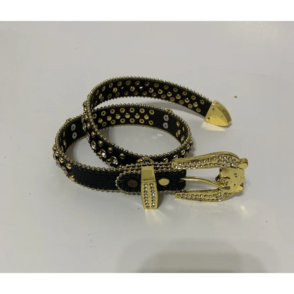 ELITE PREMIUM DESIGNER BEAR BUCKLE BLACK $ RHINESTONE LEATHER KIDS BELT M (BB52)
